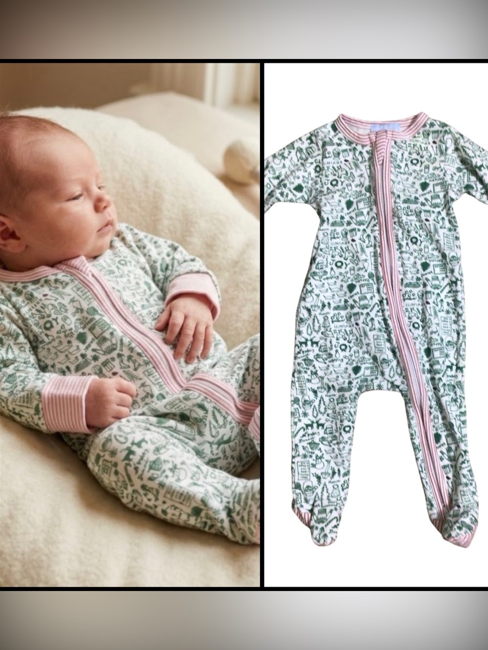 Joy Street Pima Cotton North Pole Christmas Green Baby Zip Footed Sleeper 0-3 Mo